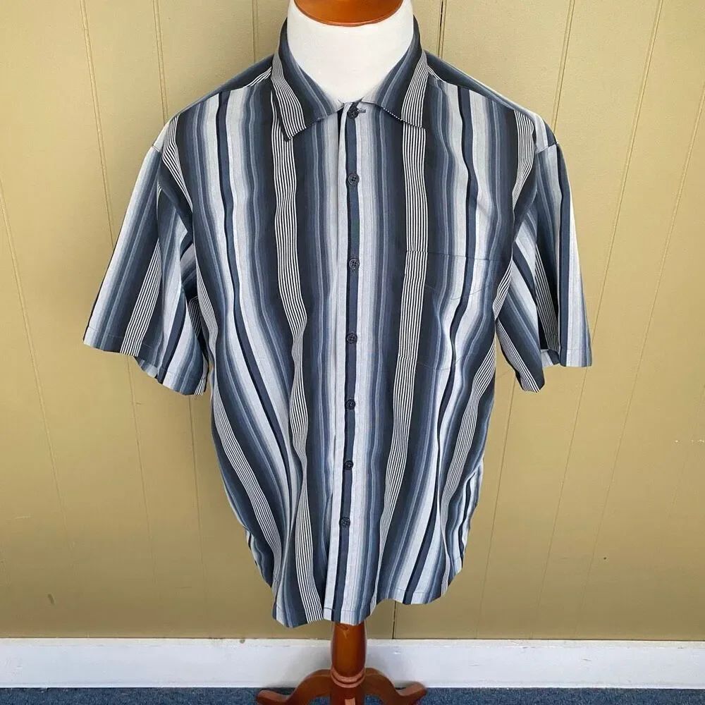 Batik Bay men L button up short sleeve stripe casual dress shirt black & tan